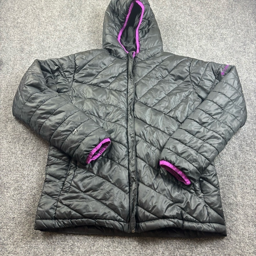COLUMBIA Girls Black Hooded Down Jacket Purple trim Winter Coat size: XL (18/20)